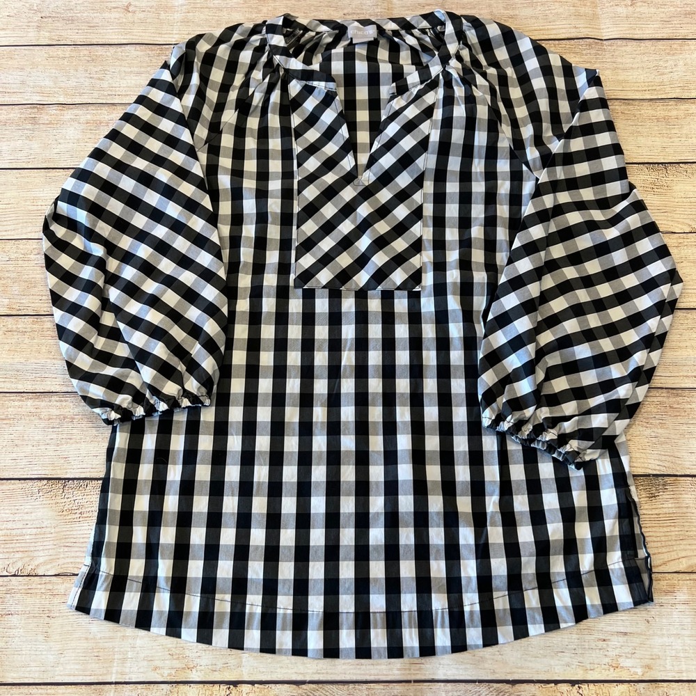 Chico's Gingham Popover Blouse Black White V-Neck 3/4 Puff Sleeve Size Small 4/6